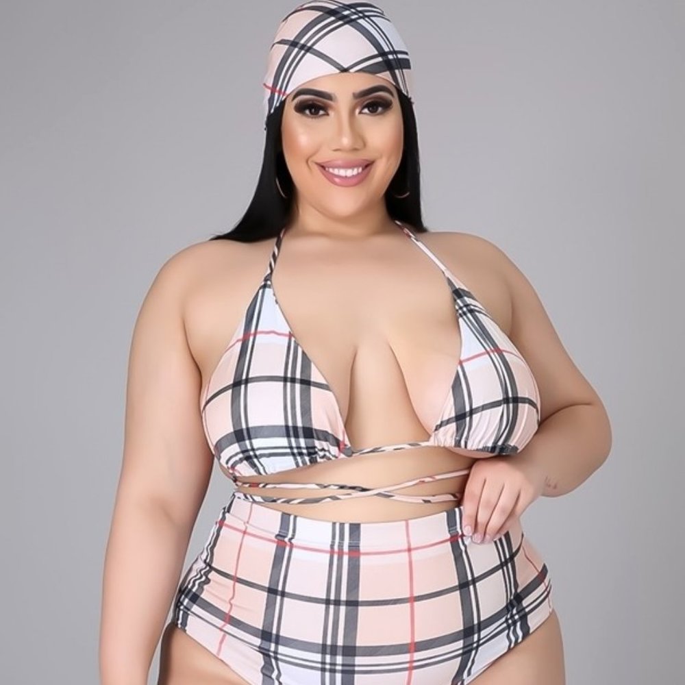 Plaid Plus Size Bikini w/ Matching Skirt & Scarf